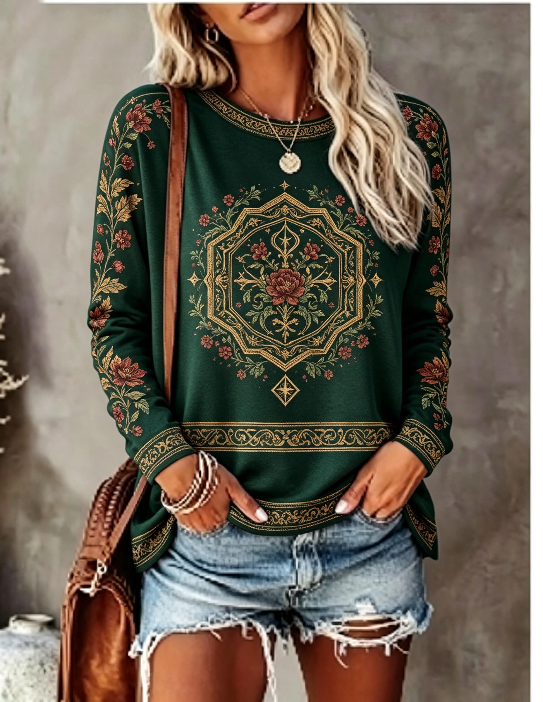 Women Crew Neck Long Sleeve T‑ - Wallpaper ulasan dan harga