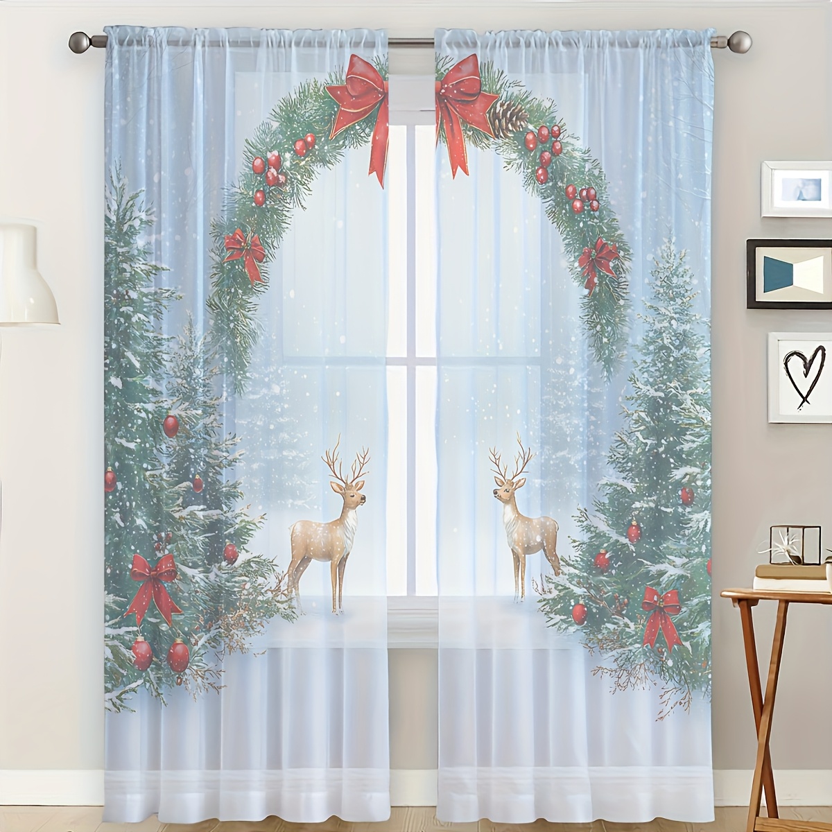 2PCS Christmas Winter Sheer Cu - Curtain Rods ulasan dan harga