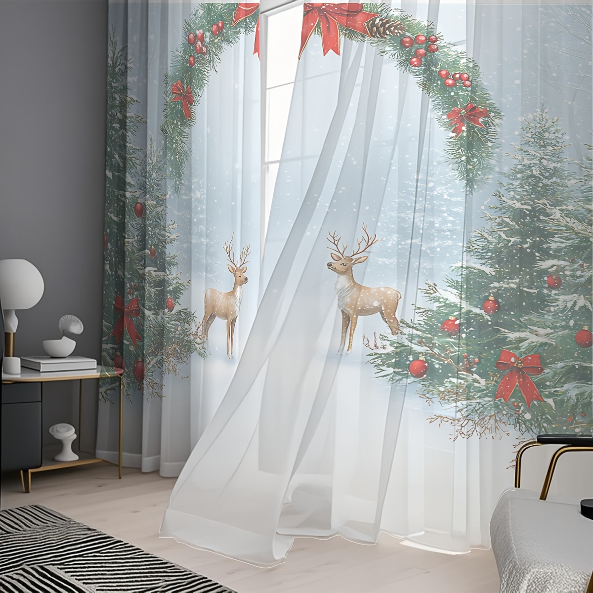2PCS Christmas Winter Sheer Cu - Curtain Rods ulasan dan harga