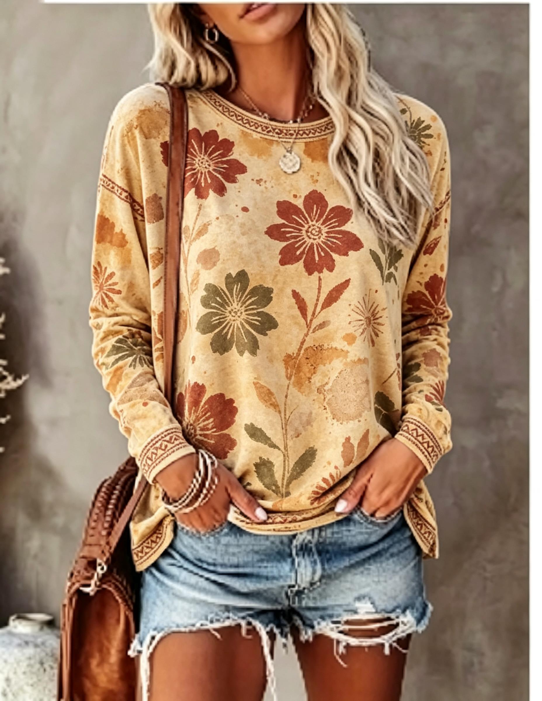 Women Crew Neck Long Sleeve T‑ - Wallpaper ulasan dan harga
