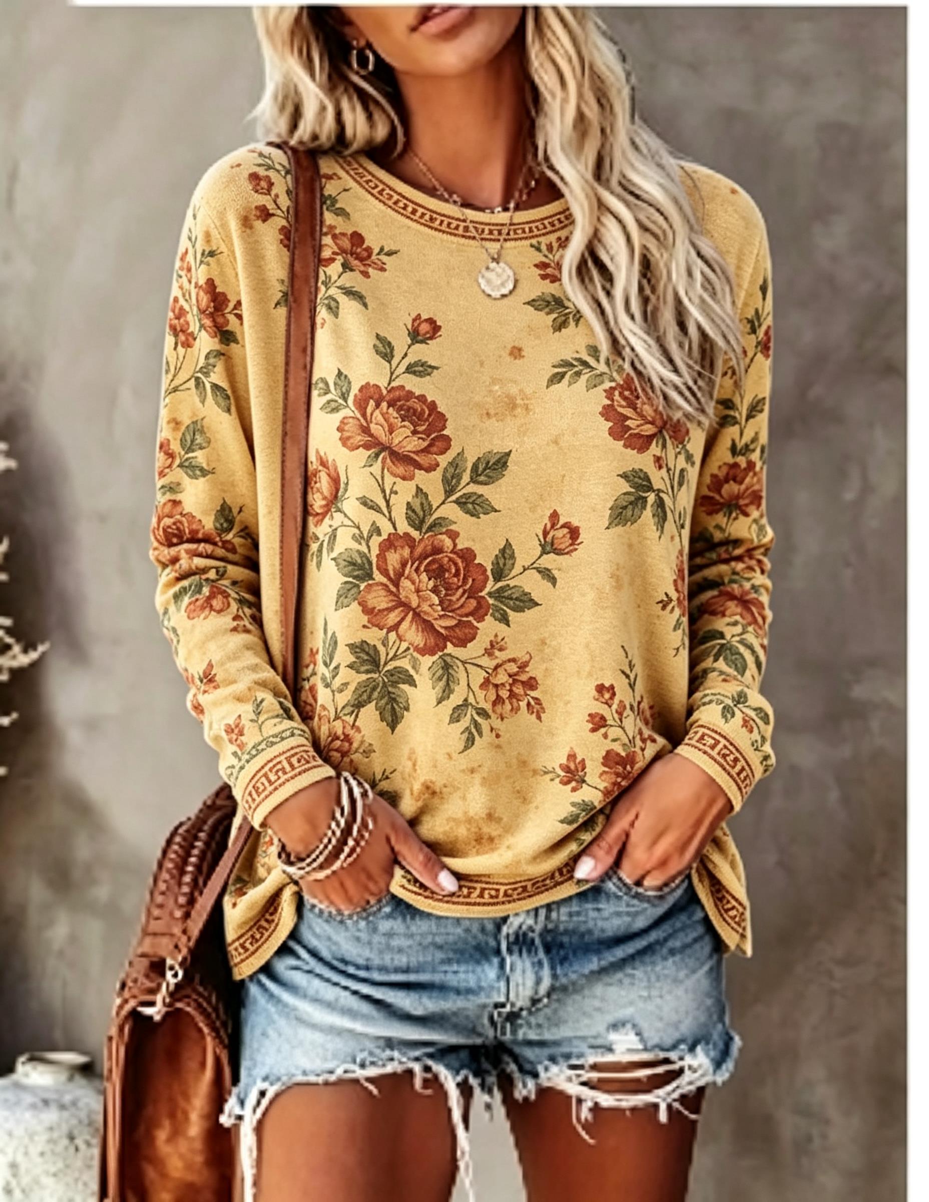 Women Crew Neck Long Sleeve T‑ - Wallpaper ulasan dan harga